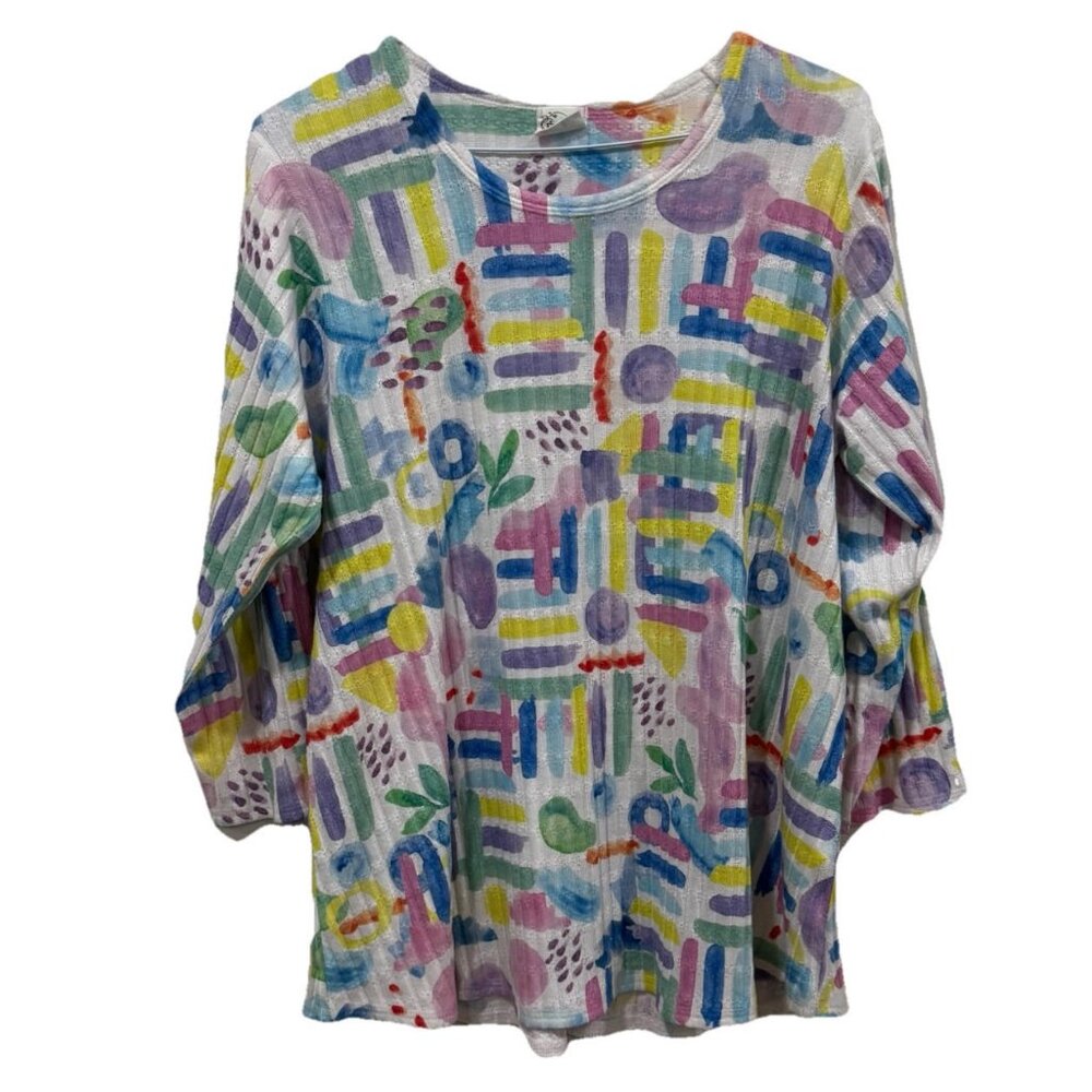 Et’ Lois Women’s Multicolor Art to Wear 3/4 Sleeve Lightweight Knit Top Sz M‎